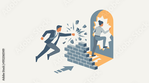 Businessman Jumping and Breaking Through a Brick Wall to Open a New Path for a Colleague, Concept of Overcoming Obstacles, Career Success, Innovation, Leadership, and Achieving Business Goals.