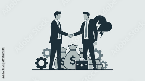 Business corruption and unethical deal concept illustration with two businessmen shaking hands over money bags, gears, and a briefcase under a storm cloud with lightning on a light background