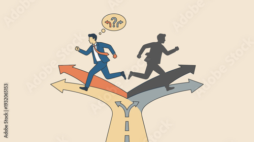 Businessman and Shadow Running in Opposite Directions at a Crossroad, Concept of Making a Unique Decision, Choosing a Different Career Path, Individuality, Nonconformity and Strategic Thinking