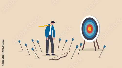Businessman Feeling Discouraged After Missing Target with Many Arrows on Ground and Broken Bow, Business Failure Metaphor, Challenge and Goal Achievement Concept, Minimalist Vector Illustration