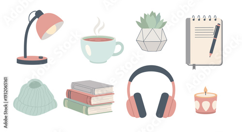 Cozy collection of hygge items for comfort and relaxation, including a lamp, books, headphones, and a warm drink, perfect for a peaceful atmosphere.
