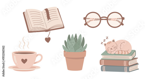 Various comforting objects for a peaceful and relaxing lifestyle, featuring an open book, steaming coffee, eyeglasses, a succulent, and a sleeping cat.
