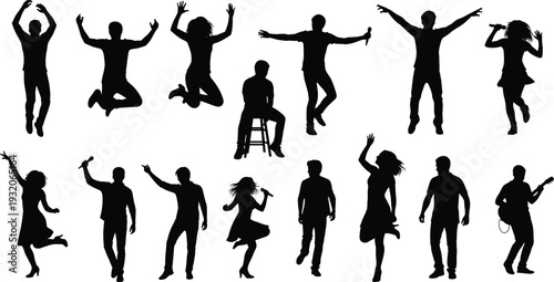 Performance silhouettes vector illustration, people dancing singing playing guitar with microphones, entertainment celebration artwork, decorative black and white music design