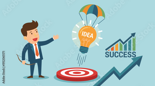 Businessman with Bow Targeting Success with Creative Idea Concept Vector Illustration. Lightbulb with Parachute Descending to Target Bullseye with Upward Growth Graph for Business Achievement.