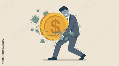 Distressed Businessman Struggling to Carry a Large Gold Dollar Coin Amidst Coronavirus Outbreak, Representing Global Economic Crisis, Financial Loss, Market Instability, and Pandemic Impact.