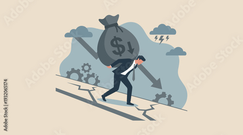 Businessman Struggling Under Heavy Burden of Debt and Financial Loss During Economic Crisis. Concept of Market Recession, Inflation, and Business Failure with Downward Arrow and Cracked Path.