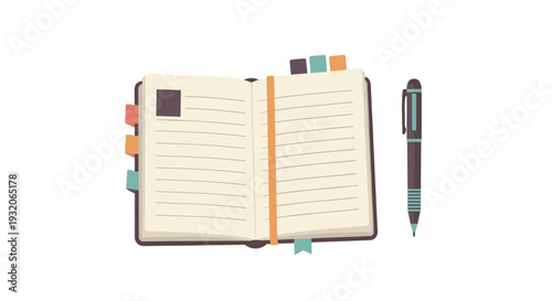 Open notebook planner with colorful tabs and pen lying open, ready for writing, planning, or creative journaling in a clean, illustrative style.
