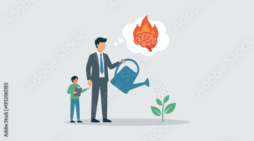 Mental health and burnout recovery concept with businessman watering a plant while thinking of a burning brain, psychological therapy, stress management, and emotional support illustration.