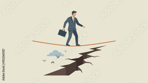 Businessman in a Suit Walking on a Tightrope Over a Deep Ground Crack, Concept of Business Risk, Challenge, Overcoming Difficulties, Financial Crisis, and Strategic Balance in Flat Vector Style