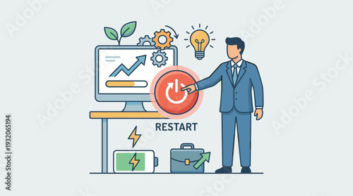 Businessman Pressing Red Restart Button for Business Reboot, Career Growth, New Beginning, and Professional Transformation Concept Illustration with Computer, Idea Lightbulb, and Gears