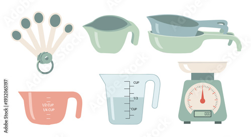 Measuring tools and kitchen utensils for baking and cooking preparation, including spoons, cups, and a scale, essential for precise recipes.