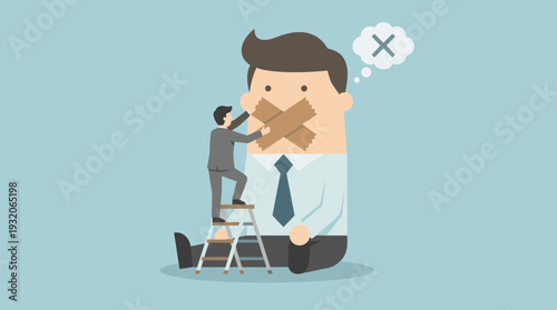 Businessman on a Ladder Sealing a Giant Colleague's Mouth with Tape, Representing Censorship, Suppression of Speech, No Comment, Corporate Control, and Silencing Opinions in a Flat Vector Style.