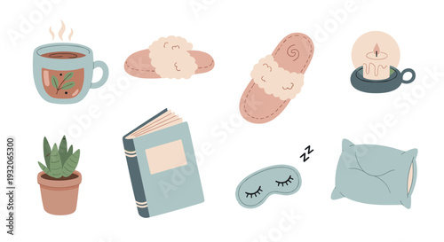 Cozy home comfort items collection for relaxation and well-being, featuring a hot drink, slippers, book, candle, sleep mask, and pillow.