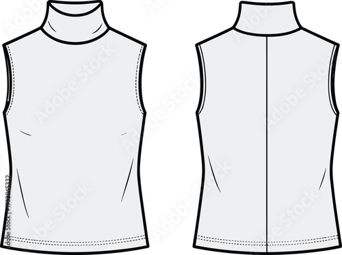 Technical flat sketch of sleeveless turtleneck top front and back views, fashion garment illustration with high neckline, darts, seams, apparel construction drawing for clothing design.