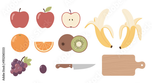 Fresh fruits and kitchen tools are neatly arranged in a colorful collection, perfect for illustrating healthy eating, cooking, and food preparation concepts.