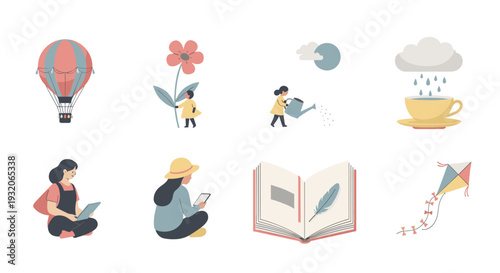 Collection of minimalist illustrations depicting various everyday activities and objects in a charming, flat design style with soft pastel colors.