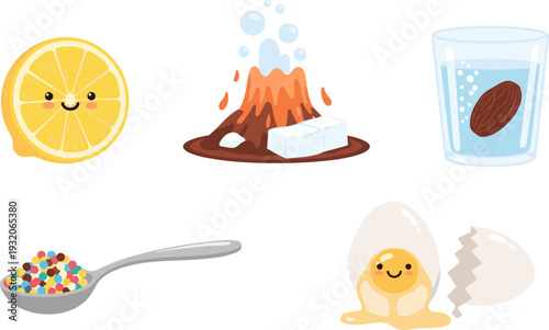 Cute cartoon science and food elements collection featuring a smiling lemon, erupting volcano, almond in water, colorful sprinkles, and a happy cracked egg.