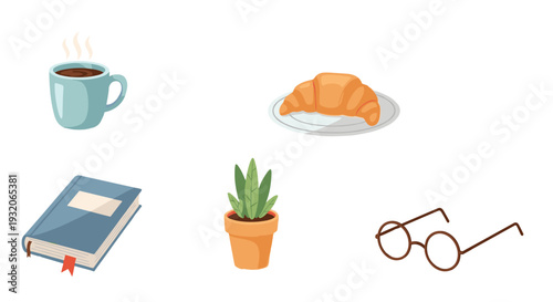 Delightful collection of everyday comfort items including a steaming mug, fresh croissant, closed book, green plant, and classic eyeglasses.