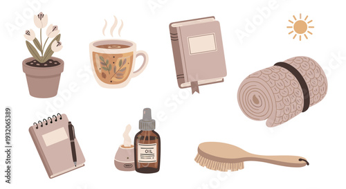 Various cozy self-care items are beautifully illustrated, depicting a serene and relaxing daily routine with elements of comfort, wellness, and mindfulness.