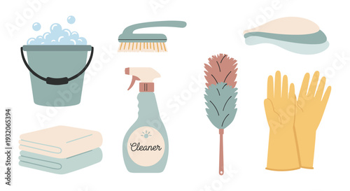 Various cleaning supplies and tools for household chores are neatly arranged in a charming flat vector illustration, ready for tidying up.