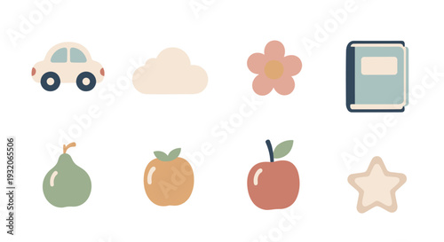 Cute pastel collection of various simple illustrations including a car, cloud, flower, book, fruits, and a star, perfect for children's designs.