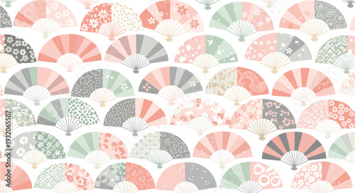 Seamless Japanese Folding Fan Pattern with Sakura Floral and Geometric Motifs in Soft Pastel Colors Traditional Asian Background