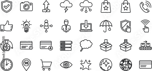 Business Technology and Security Line Icon Set with Cloud Download Payment and E Commerce Symbols