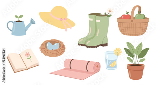 Collection of spring and summer themed items for gardening, outdoor activities, and relaxation, presented as charming flat illustrations.