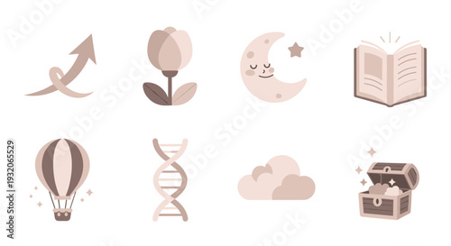 Collection of minimalist flat design icons representing various concepts like growth, nature, knowledge, dreams, and discovery in a cohesive visual style.