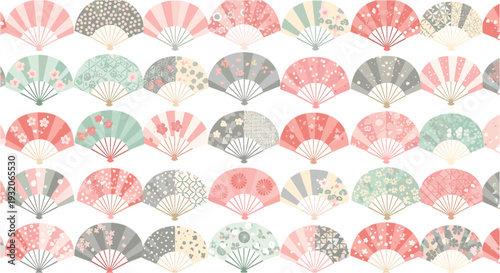 Seamless Japanese Folding Fan Pattern with Floral and Geometric Elements in Soft Pastel Colors Traditional Asian Decorative Background