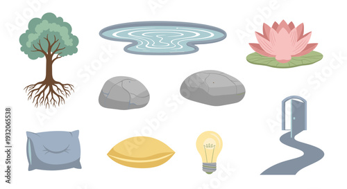 Collection of various flat design illustrations depicting elements of nature, comfort, ideas, and journeys in a clean, modern style.