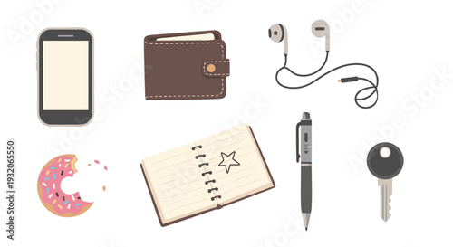 Various everyday personal items are neatly arranged, representing common daily essentials for modern life and convenience in a flat design style.