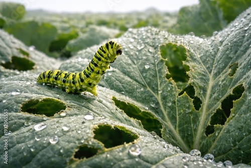 Fresh cabbage leaf with green caterpillar pest and dew drops in organic farm field at sunrise