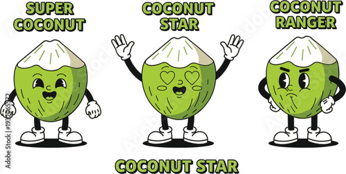 Cute Cartoon Coconut Character Set with Super Coconut Star and Ranger Mascot Vector Illustration