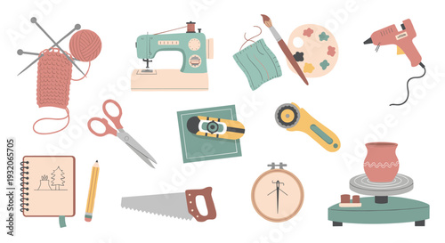 Various crafting tools and supplies are neatly arranged, showcasing a wide range of creative hobbies and handmade activities for DIY enthusiasts.