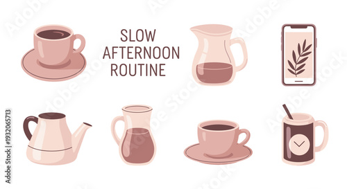 Illustrated collection of items representing a slow afternoon routine, featuring coffee cups, a teapot, milk pitchers, and a smartphone.