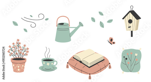 Various spring and garden elements are beautifully arranged in a charming collection of cozy home and nature-inspired illustrations, perfect for seasonal themes.