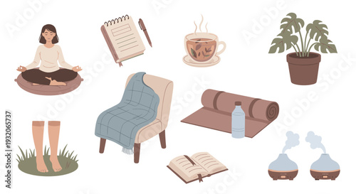 Collection of various items for self-care, wellness, and mindfulness, including meditation, relaxation, and healthy lifestyle practices for personal well-being.