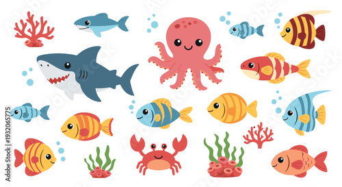 Cute cartoon sea creatures and marine life collection featuring a shark, octopus, crab, and various colorful fish swimming happily with coral and seaweed.