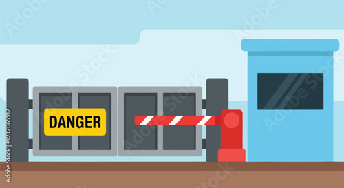 A cartoon illustration depicts a security checkpoint with a closed gate, a "DANGER" sign, a red and white barrier, and a blue guardhouse.
