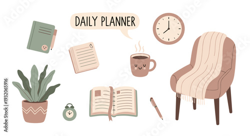 Daily planner elements and cozy home items are beautifully illustrated in a charming, flat design style, perfect for organizing a productive and comfortable daily routine.