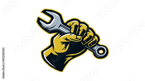 Bold illustration depicts a clenched fist gripping a wrench. The design uses layered colors and contours