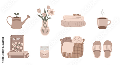 Cozy home objects collection featuring spring flowers, warm beverages, soft textiles, and relaxing elements for a comfortable domestic setting.