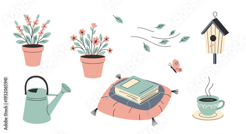 Various spring nature elements collection in flat vector style, depicting potted plants, a birdhouse, watering can, book, and coffee cup for seasonal designs.