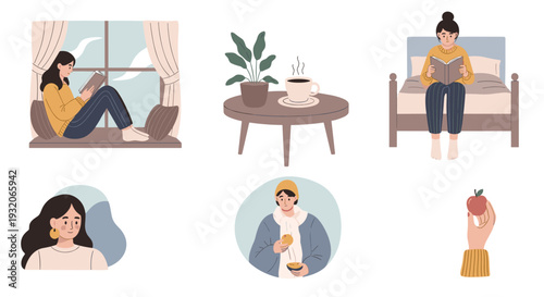 Illustrations depicting people enjoying cozy daily activities and simple pleasures at home, embracing a relaxed and comfortable lifestyle.