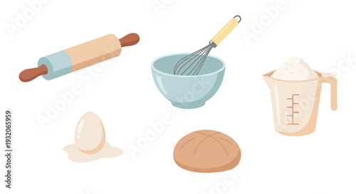 Essential baking ingredients and tools, including a rolling pin, whisk, flour, and egg, are ready for making delicious homemade dough and pastries.