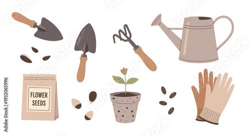 Gardening tools and supplies are neatly arranged, including trowels, a watering can, flower seeds, and gloves, ready for spring planting and cultivation.