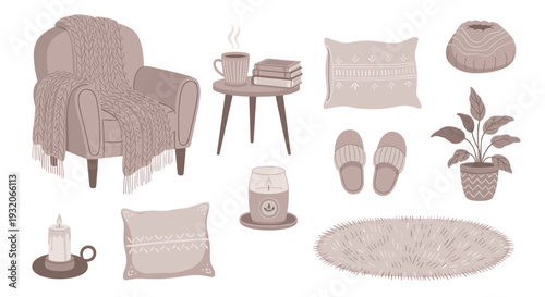 Cozy home decor elements are beautifully arranged for a comfortable and inviting atmosphere, perfect for relaxation and a warm lifestyle.