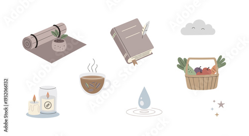 Mindfulness and healthy lifestyle flat vector illustrations showcasing various elements like yoga, reading, nourishing food, and peaceful moments for well-being.