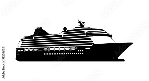 Black and white silhouette of a large cruise ship sailing on water